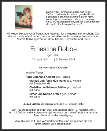 Anzeige von Ernestine Robbe von OM-Medien